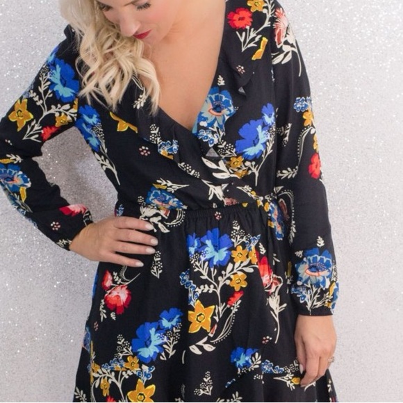 Express Floral Print Wrap Long Sleeve Ruffle Dress Size S - Picture 2 of 10